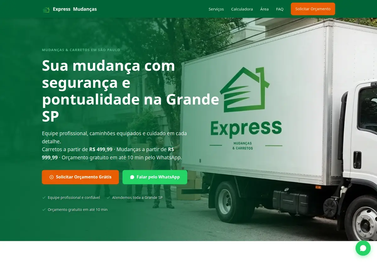 Página inicial da Express Mudanças, com chamada para orçamento na Grande São Paulo