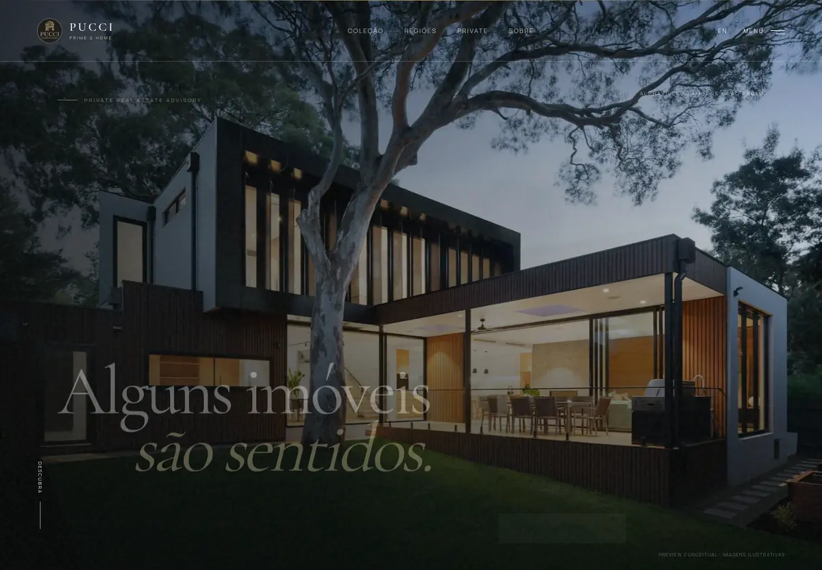 Página inicial da Pucci Prime & Home, com linguagem visual cinematográfica para imóveis de alto padrão